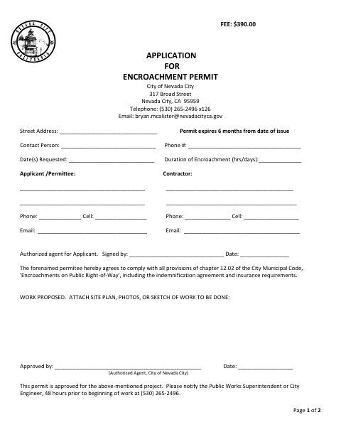 First page of the Application For Encroachment Permit