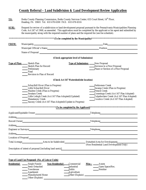 First page of the County Referral – Land Subdivision & Land Development Review Application