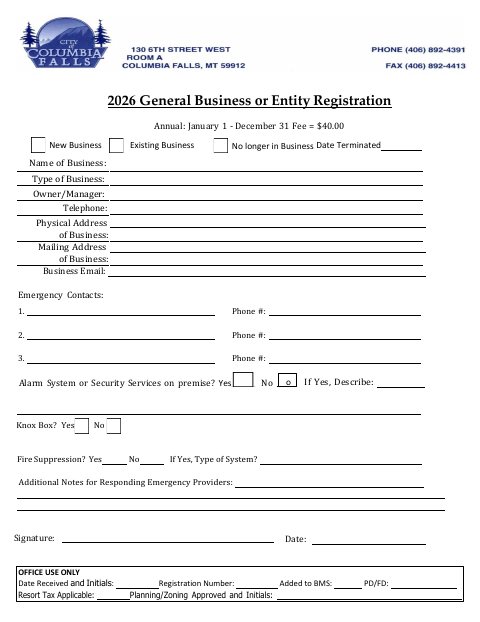 First page of the General Business or Entity Registration Form 2026