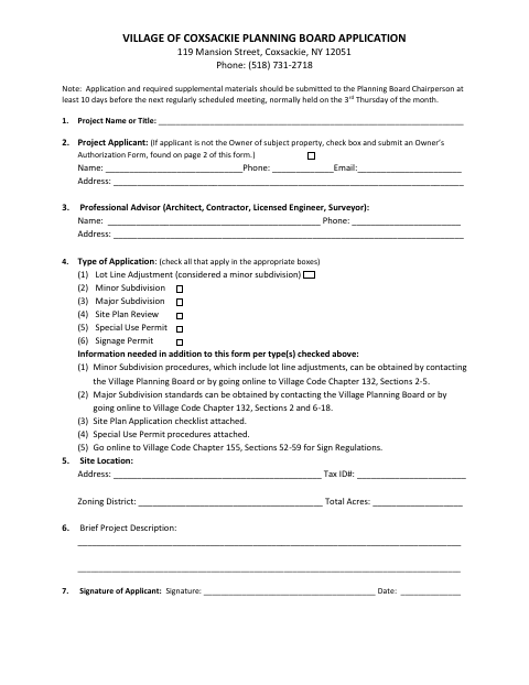 First page of the Planning Board Application