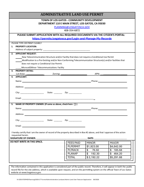 First page of the Administrative Land Use Permit