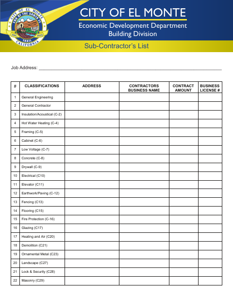 First page of the Sub-Contractor’s List