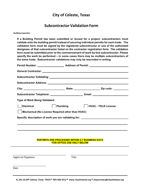 First page of the Subcontractor Validation Form