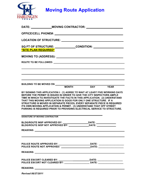 First page of the Moving Route Application