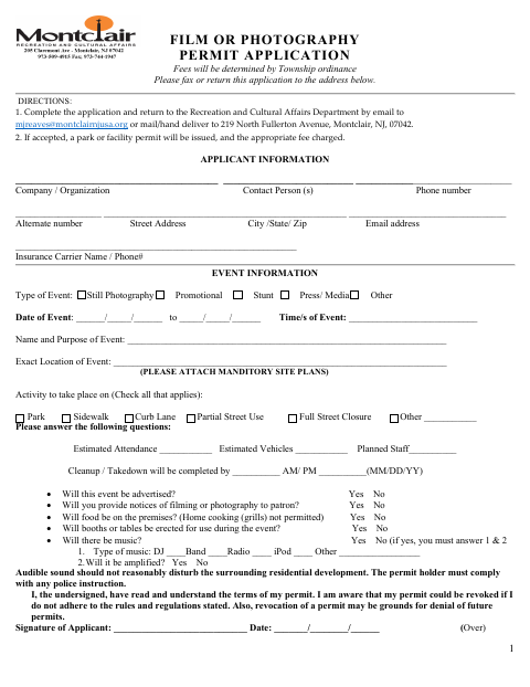 First page of the Film or Photography Permit Application