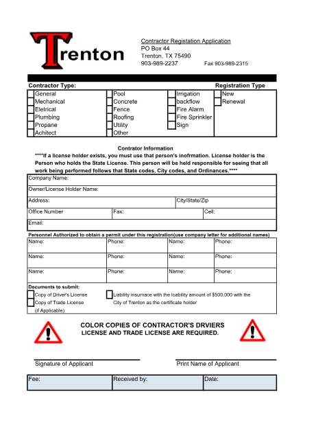 First page of the Contractor Registration Application