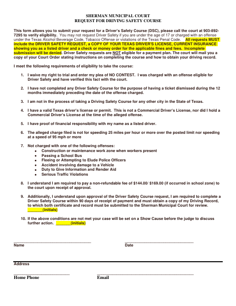 First page of the Request for Driving Safety Course