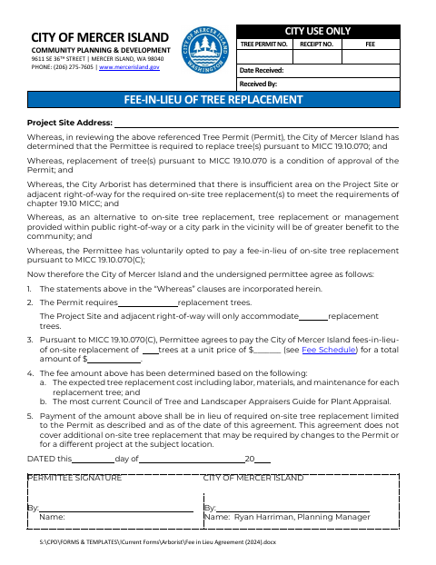 First page of the Fee-in-Lieu of Tree Replacement