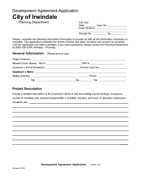 First page of the Development Agreement Application