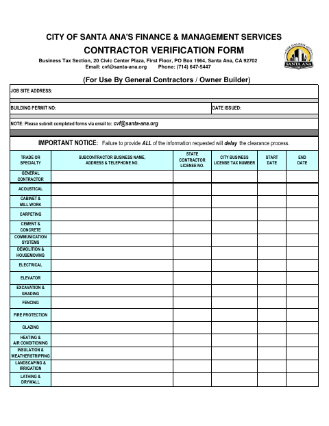 First page of the Contractor Verification Form