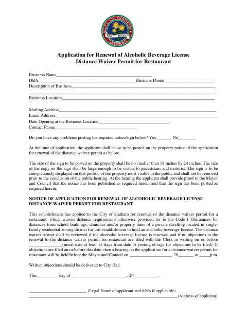 First page of the Restaurant Distance Waiver Permit Renewal Application
