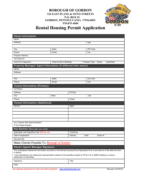 First page of the Rental Housing Permit Application