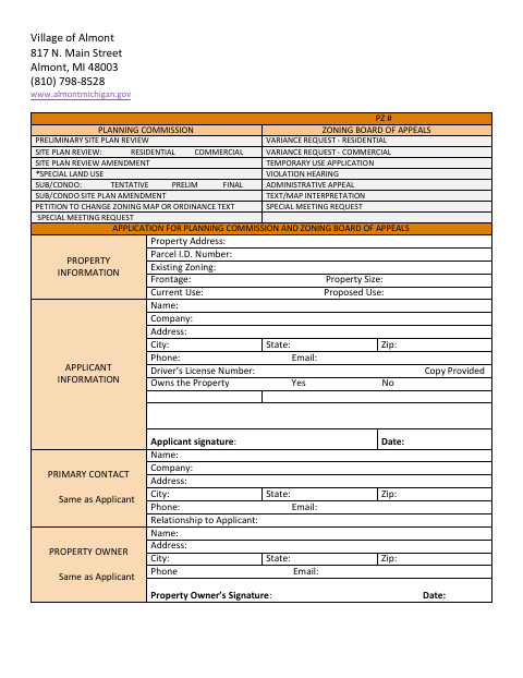 First page of the Planning Commission and Zoning Board of Appeals Application