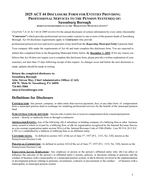 First page of the 2025 Act 44 Disclosure Form for Pension System Service Providers