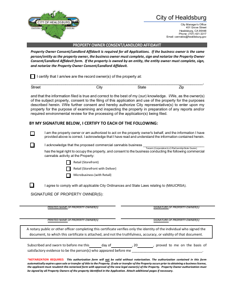 First page of the Property Owner Consent/Landlord Affidavit