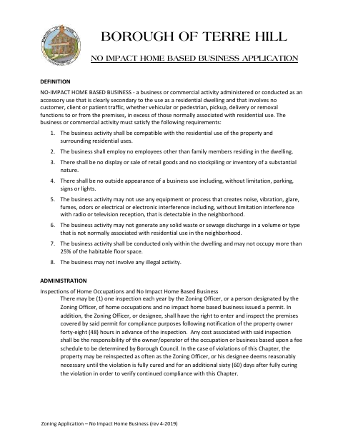 First page of the No Impact Home Based Business Application