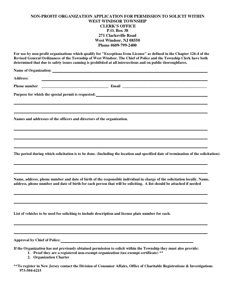 First page of the Non-Profit Organization Application for Permission to Solicit