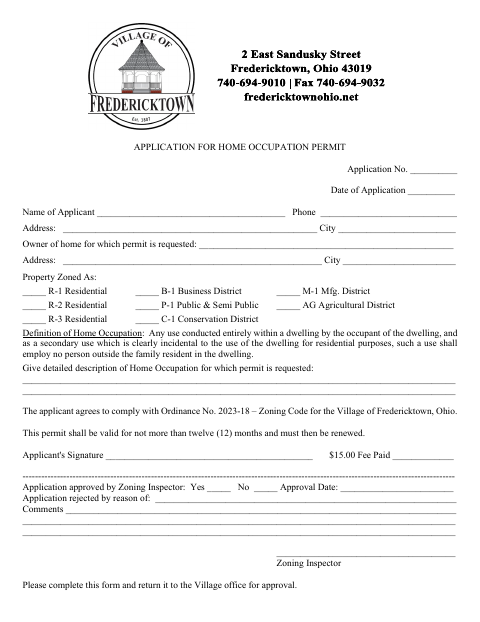 First page of the Application for Home Occupation Permit