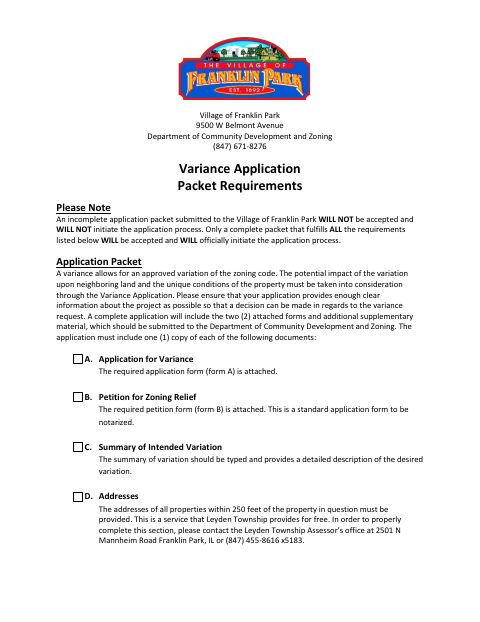 First page of the Petition for Zoning Relief