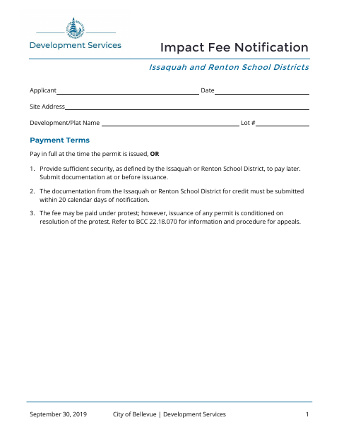 First page of the Impact Fee Notification