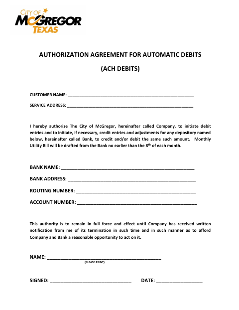 First page of the Authorization Agreement for Automatic Debits (ACH Debits)