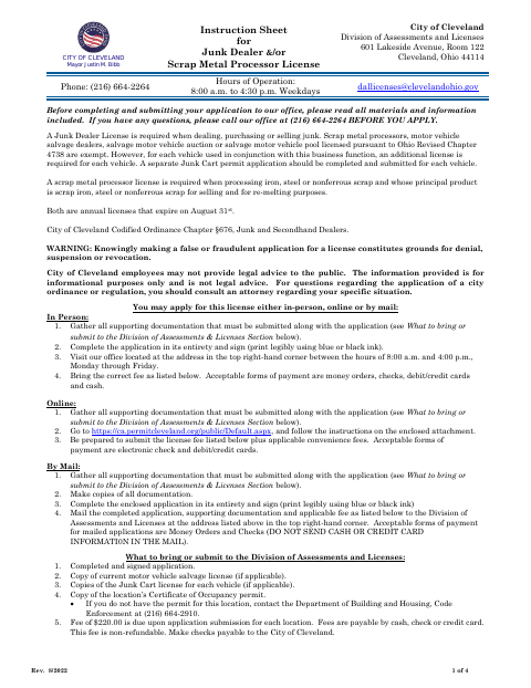First page of the Junk Dealer and Scrap Metal Processor License Application
