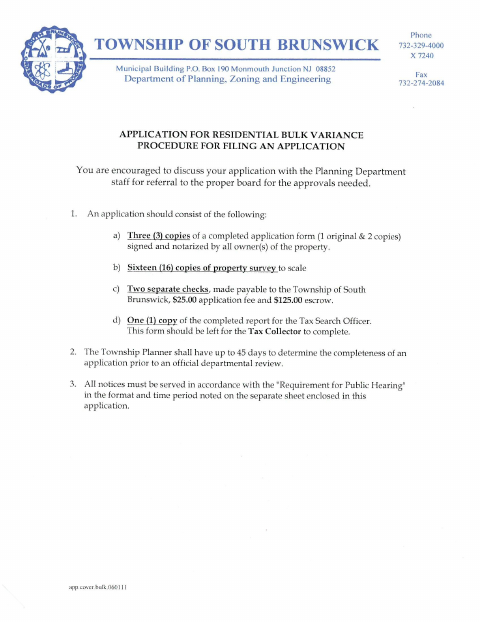 First page of the Residential Bulk Variance Application