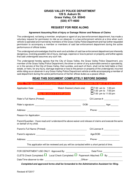 First page of the Police Ride-Along Agreement and Waiver