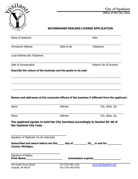 First page of the Secondhand Dealers License Application