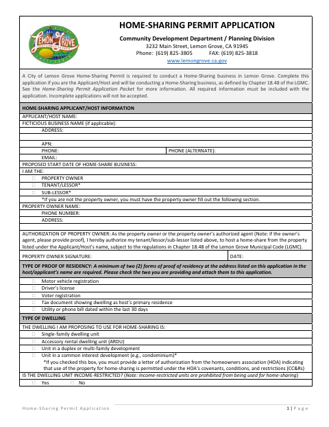 First page of the Home-Sharing Permit Application