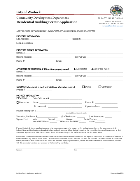 First page of the Residential Building Permit Application