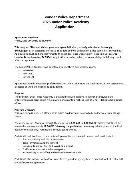 First page of the Junior Police Academy Application