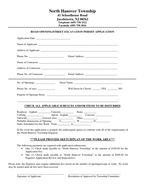 First page of the Road Opening/Street Excavation Permit Application