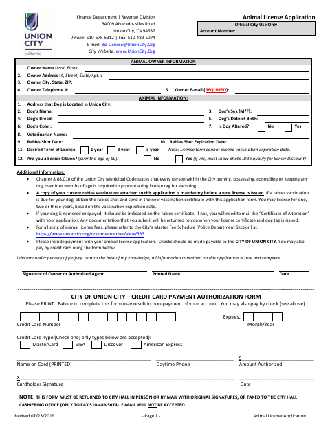 First page of the Animal License Application