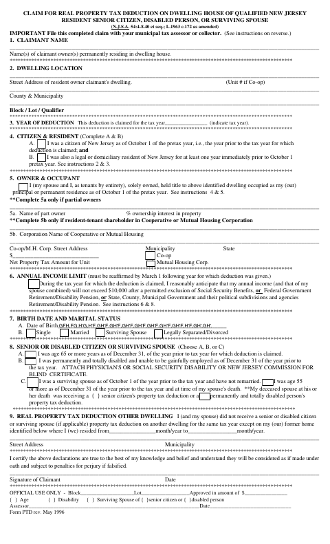 First page of the Real Property Tax Deduction Claim for Senior Citizens, Disabled Persons, or Surviving Spouses