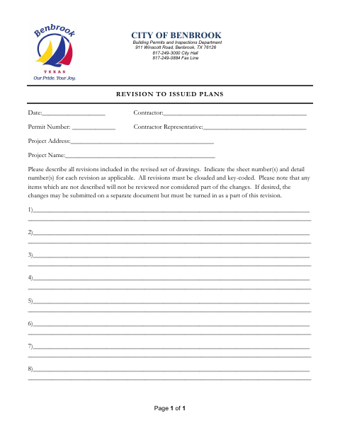 First page of the Revision to Issued Plans