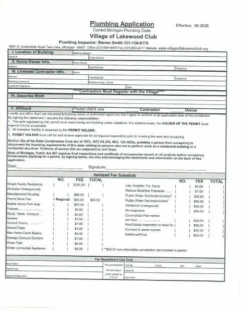 First page of the Plumbing Application