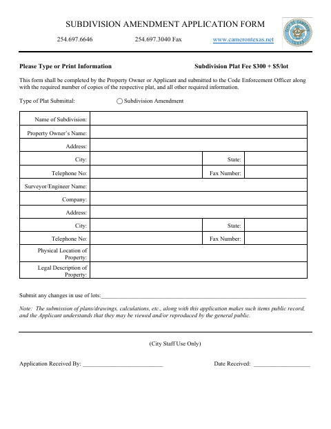 First page of the Subdivision Amendment Application Form