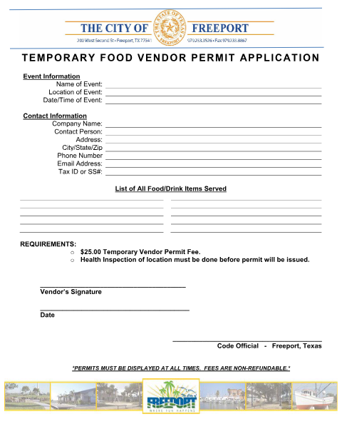 First page of the Temporary Food Vendor Permit Application