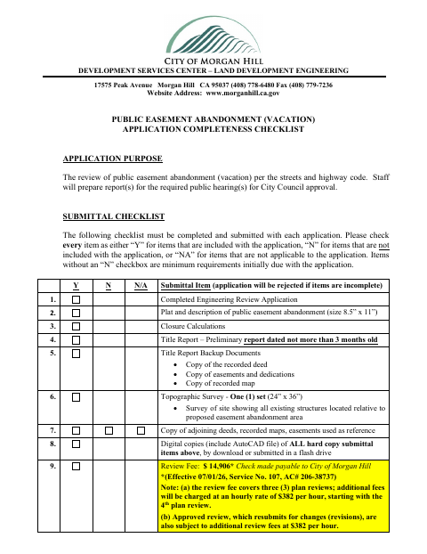 First page of the Public Easement Abandonment (Vacation) Application Completeness Checklist