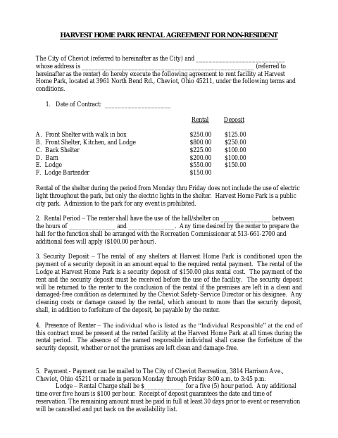 First page of the Harvest Home Park Rental Agreement for Non-Residents