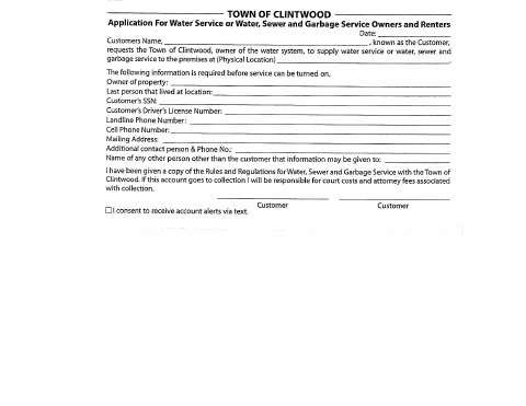 First page of the Application for Water, Sewer, and Garbage Service