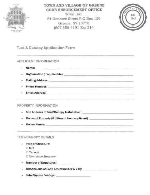 First page of the Tent and Canopy Application