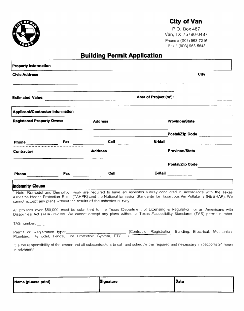 First page of the Building Permit Application