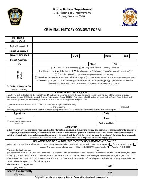 First page of the Criminal History Consent Form