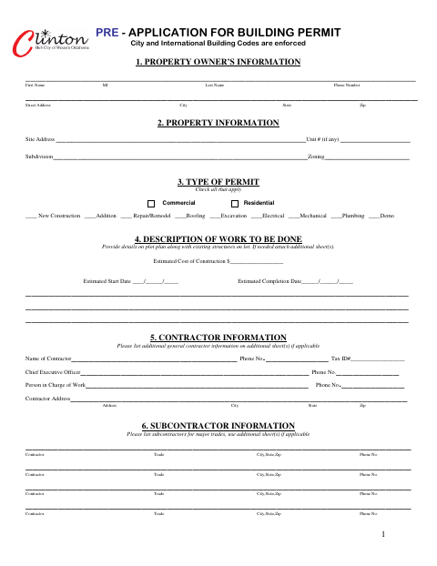 First page of the Pre-Application for Building Permit