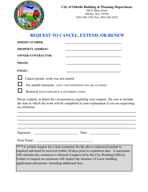 First page of the Request to Cancel, Extend, or Renew Permit