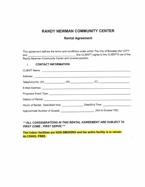First page of the Randy Newman Community Center Rental Agreement