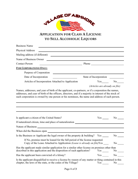 First page of the Class A Liquor License and Beer Garden Permit Application