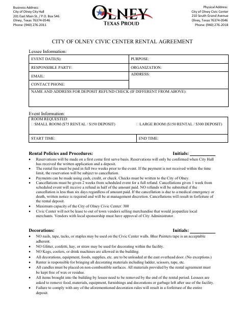 First page of the Civic Center Rental Agreement